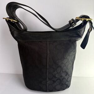 Coach Bleecker Signature Black Canvas Leather Trim Bucket Crossbody Shoulder Bag